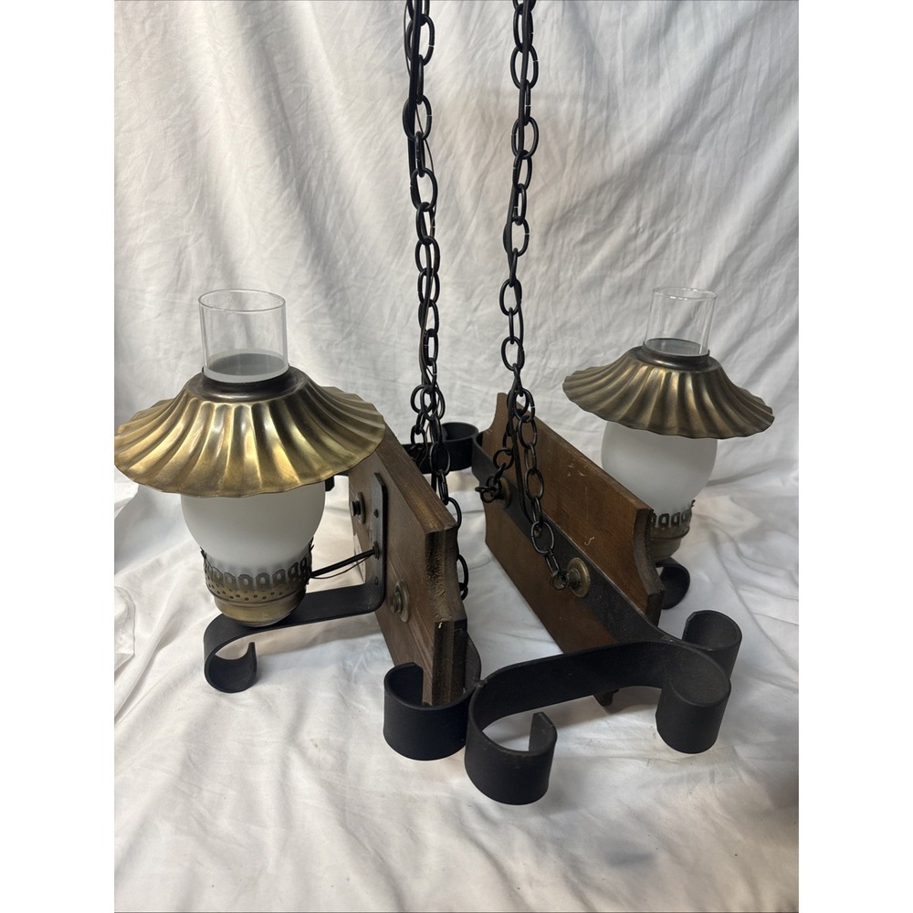 Vintage 70's Hang Light Tavern Iron Rustic Wood Farmhouse Saloon Pub Spanish Rev